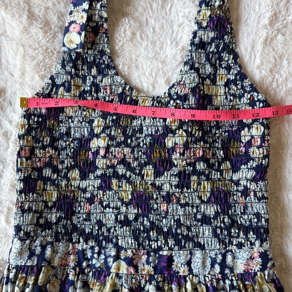 LES RÊVERIES Midi Dress Halter-Neck Floral Print Shirred Bodice 100% Cotton Sz 2 - Picture 12 of 14